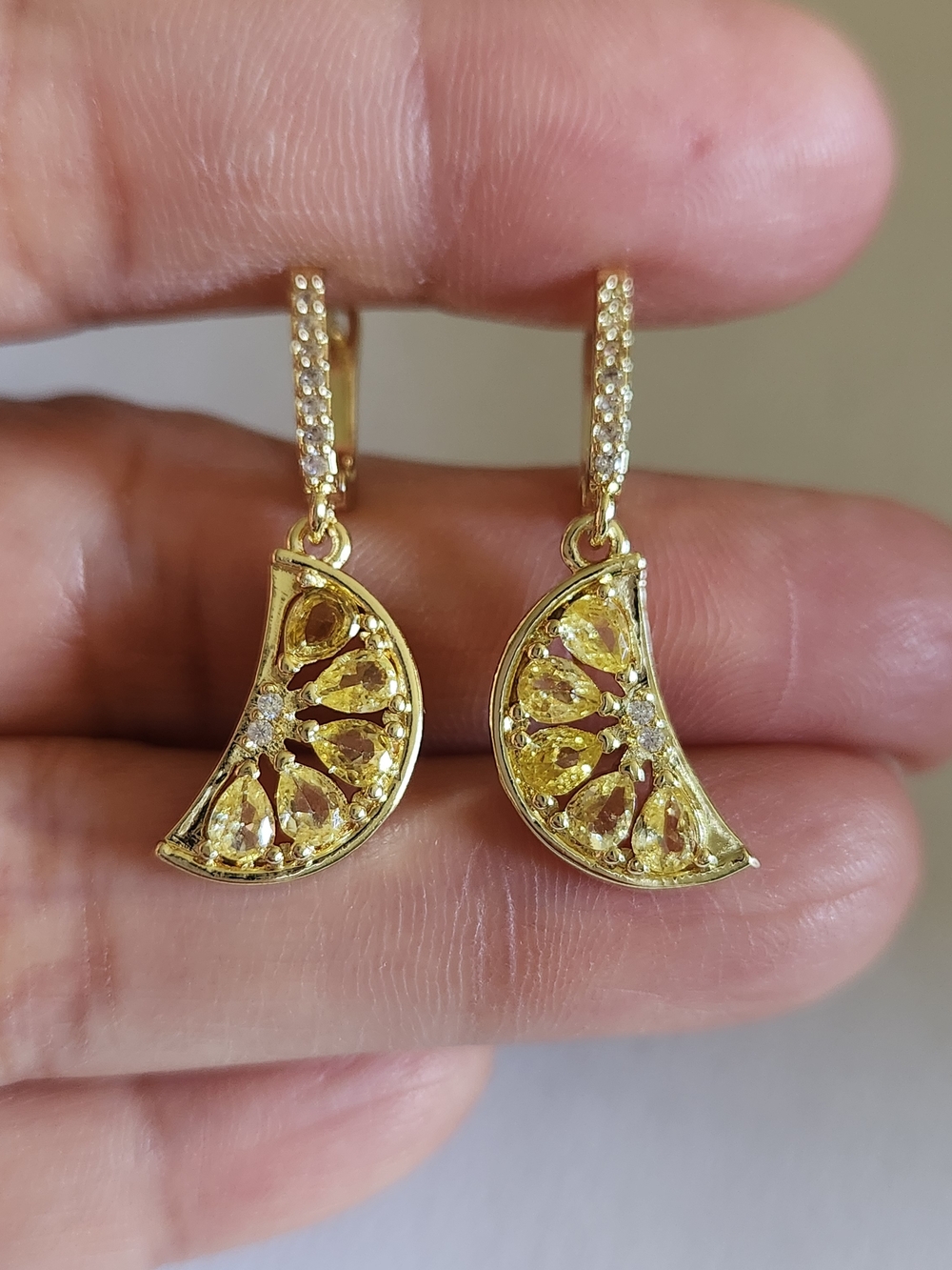 New 18K Gold Plated Citrine Diamond Lemon Slice Dangle Hoop Earrings for Women